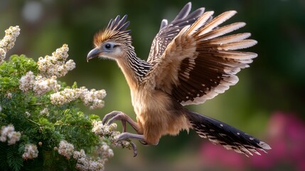 Obraz premium Exotic bird with vibrant feathers taking flight among blooming flowers in a lush garden scene