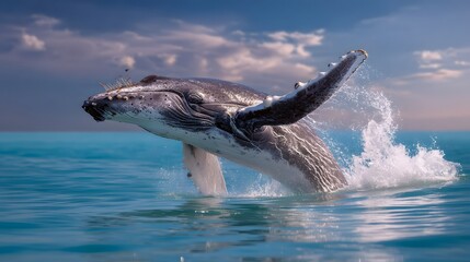 Obraz premium Majestic Humpback Whale Breaching in Tranquil Ocean Waters Under Bright Sky
