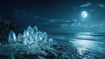 Crystalline structures emerging from the ocean, glowing softly under the moonlight
