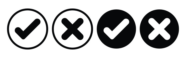 Approved and Rejected Stamp Icon Set with Checkmark and Cross Symbols – Flat and Grunge Style Collection of vector illustration.