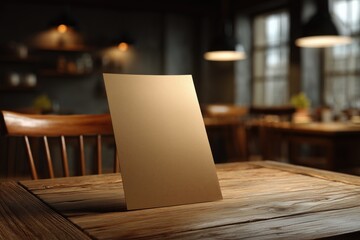 restaurant menu mockup with recycled paper texture, placed on rustic wooden table, warm lighting, grainy natural look