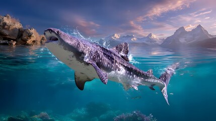 Obraz premium Majestic Shark Breaching the Surface with Stunning Mountains and Serene Waters in Background