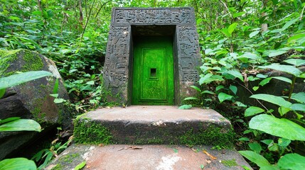 Naklejka premium Ancient Green Stone Door in Lush Tropical Forest