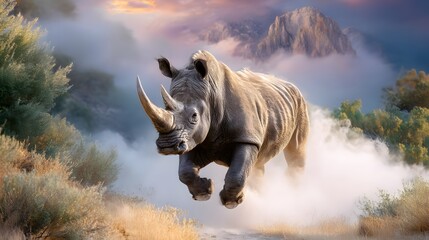 Fototapeta premium Powerful Rhinoceros in Motion Amidst a Dramatic Landscape with Mist and Mountains