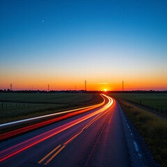 Obraz premium Colorful light trails on a country road at sunset