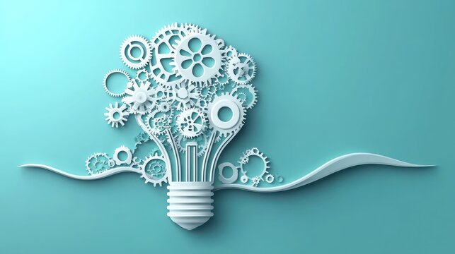 Conceptual illustration of a light bulb made from interconnected white gears and cogs symbolizing creativity and mechanical innovation on a teal background