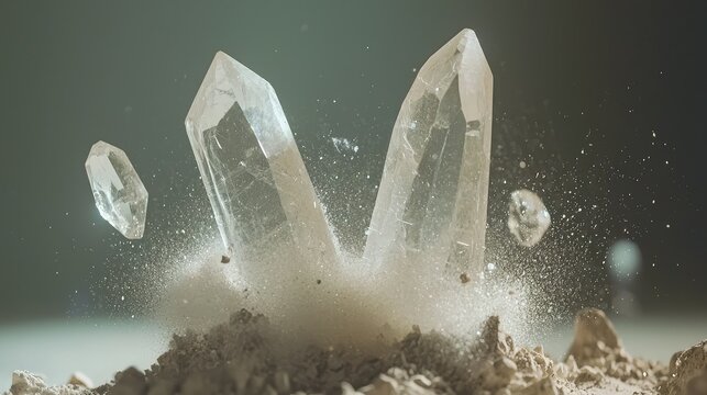Crystals shattering and reforming in slow motion, with particles scattering in the air