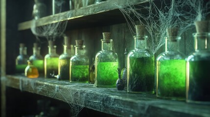Green bottles displayed on a shelf