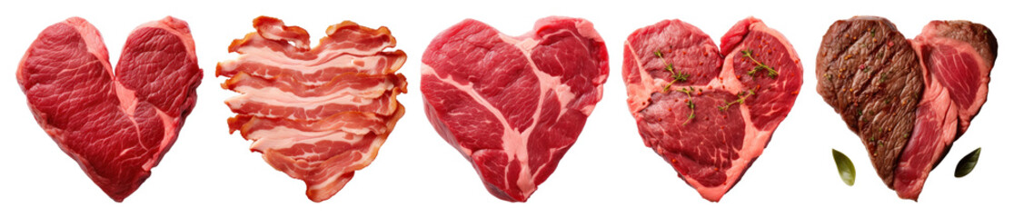 Obraz premium PNG Heart-shaped raw meat cuts, element set on transparent background
