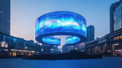 Futuristic circular LED screen displays dynamic blue light patterns in a modern city square at dawn.