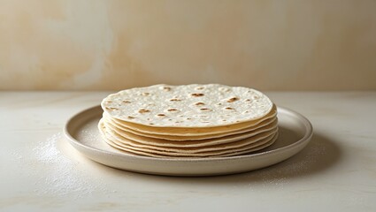 A warm and inviting still life of freshly made homemade roti or chapati, arranged in a neat stack on a plain, off-white ceramic plate, against a subtle, creamy background.