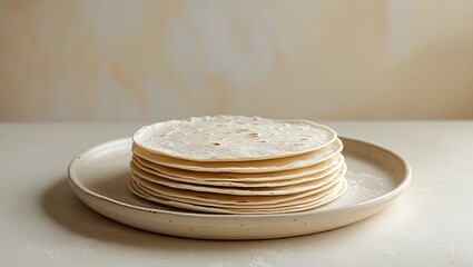 A warm and inviting still life of freshly made homemade roti or chapati, arranged in a neat stack on a plain, off-white ceramic plate, against a subtle, creamy background.