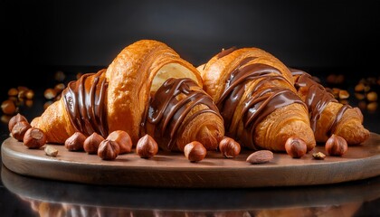Wooden board of sweet croissants with chocolate spread and hazelnuts on black background dessert