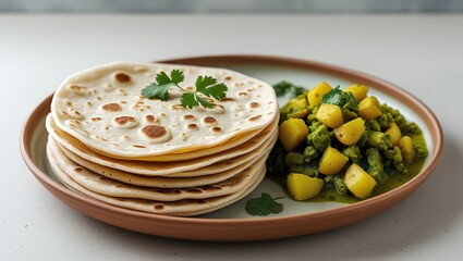 A warm and inviting plate of soft, golden-brown chapatis, stacked in a neat pile and garnished with a few fresh cilantro leaves, sitting alongside a serving of vibrant green aloo sabzi