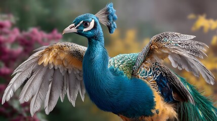 Obraz premium Vibrant Peacock Displaying Colorful Feathers in Nature Surrounded by Blurred Floral Background