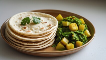 A warm and inviting plate of soft, golden-brown chapatis, stacked in a neat pile and garnished with a few fresh cilantro leaves, sitting alongside a serving of vibrant green aloo sabzi