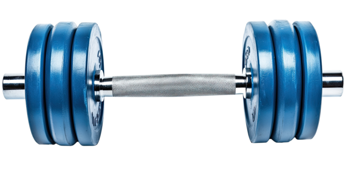 Blue metal dumbbell with weight plates isolated on white transparent background, fitness equipment