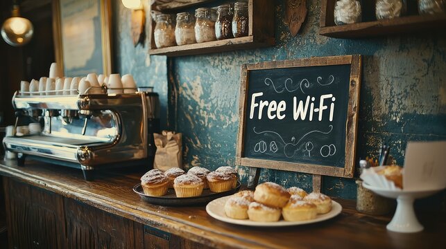 cute coffee shop corner with a chalkboard that says "Free Wi-Fi" written in chic chalk letters, alongside a tray of pastries.