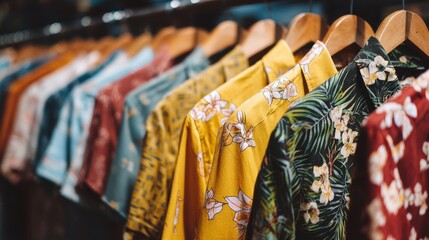 Ultra quality image of male or man apparel boutique wardrobe tropical summer shirts clothes collection, customer purchase fashion wear, retail market store shop, closet row or rack.