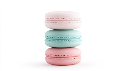 Fototapeta premium Three pastel macarons stacked vertically against white background