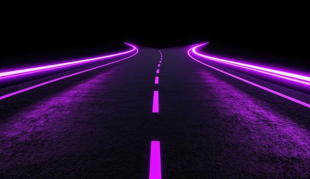 Two diverging roads with vibrant purple neon lines, leading into darkness