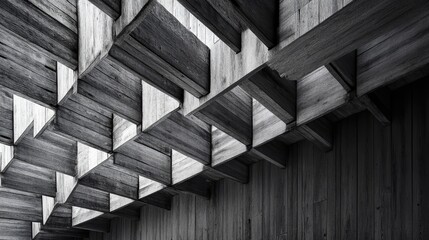 Fototapeta premium Abstract black and white image of geometric wooden ceiling structure.