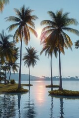 peaceful tropical scene with tall palm trees over calm water at sunset with soft sunlight and distant shoreline under clear blue sky