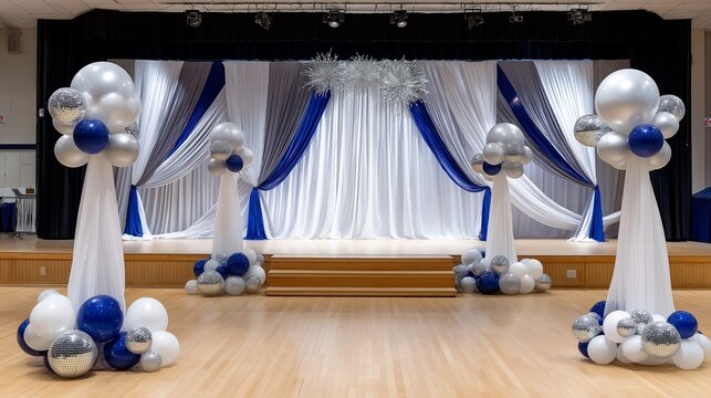Adult Prom Theme Venue – Nostalgic Decor with Streamers, Balloons & Disco Balls