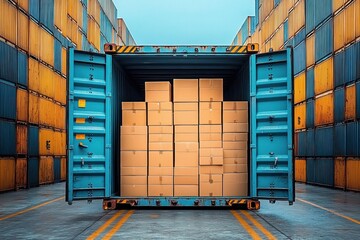 Open shipping container fully packed with stacked cardboard boxes inside an industrial container yard with rows of stacked containers on both sides under a clear blue sky