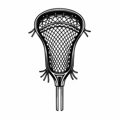 Illustration of lacrosse stick head with netting in black and white monochrome sport gear