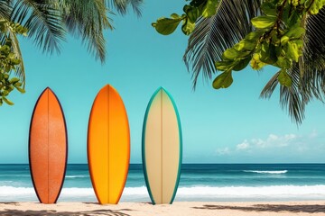 Three colorful surfboards on a tropical beach
