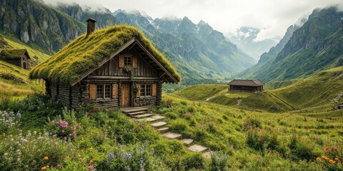 Moss-Covered Cottage Amidst Lush Mountain Meadow