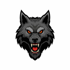 Gray wolf illustration, with angry, orange eyes, and black outline, and pointy ears