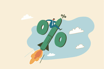 Interest rate rising up, Federal reserve or central bank raising policy, inflation or monetary percentage concept, businessman riding percentage with rocket booster metaphor of interest rate hike.