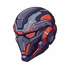 Sleek and detailed futuristic robot helmet, rendered in gray and red with bold, black outlines
