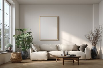 A clean mockup of a blank poster frame in a bright modern living room with soft natural light