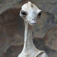 A close-up of an alien statue with a long neck, white skin, and small round head, featuring black eyes and a crest.