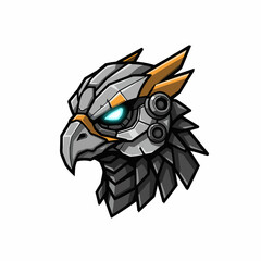 Robotic bird head with glowing blue eye, silver & gold color scheme