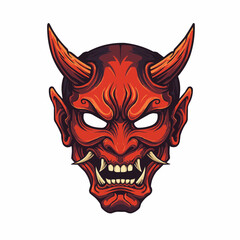 Fiery stylized oni mask with horns, menacing with red and black hues on white