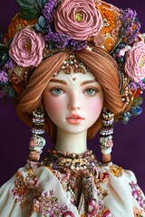 Portrait of a doll with delicate facial features wearing an intricate floral headdress and richly embroidered traditional attire against a purple background