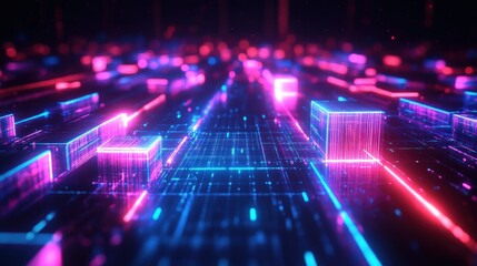 Futuristic digital cityscape with glowing neon grid lines and translucent cubes illuminated in pink and blue hues creating a high-tech atmosphere