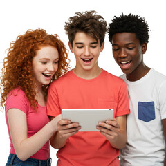 Excited Teenagers Looking at Tablet Together Isolated on Transparent Background