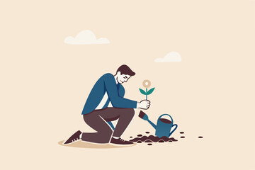 Investing in growth stock, growing pension fund, saving or make profit from retirement fund, growing wealth or investment asset concept, businessman investor planting money seedling for prosperity.