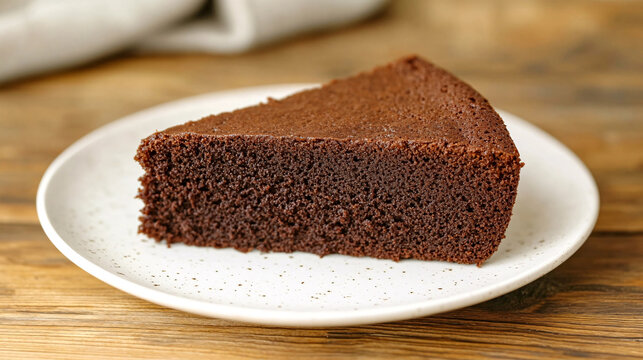 A delightful slice of chocolate cake, ready for a perfect dessert on a wooden table.