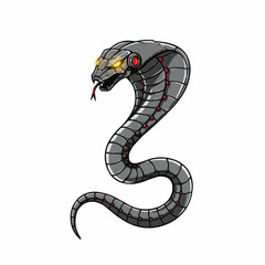 Metal robotic cobra with bright yellow eyes and a red tongue is poised to strike