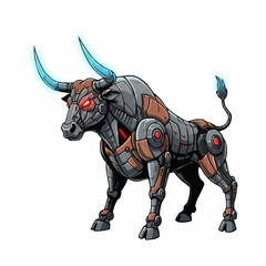 Obraz premium Cybernetic bull, metal body with glowing blue horns and red eyes. Fierce robotic animal
