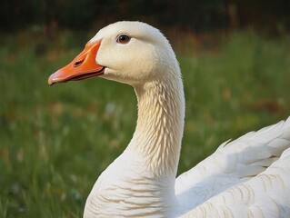Close-up side view of a white goose with an orange beak and clear eye against a blurred green natural background