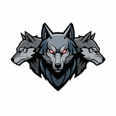 Three gray wolves peer from the bottom, eyes glowing red on a white background