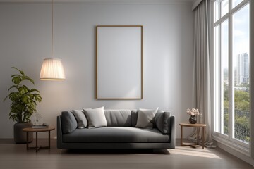 Fototapeta premium A clean mockup of a blank poster frame in a bright modern living room with soft natural light