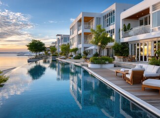 Fototapeta premium The three-story hotel on the water is located in front of an infinity pool, with yellow and blue accents, glass walls reflecting sunlight